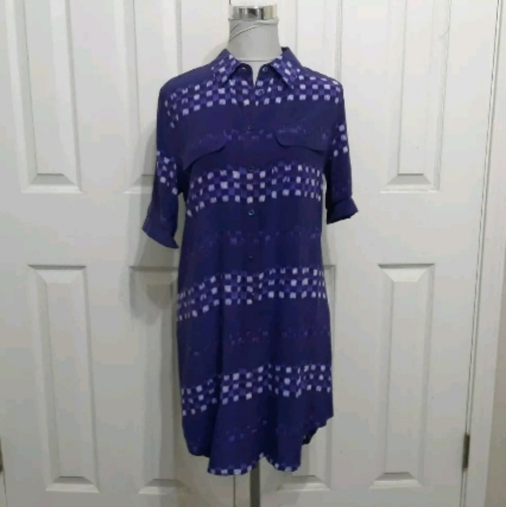 Equipment Femme M Purple White Silk Shirt Dress